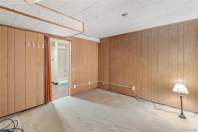 spare room featuring wooden walls and carpet