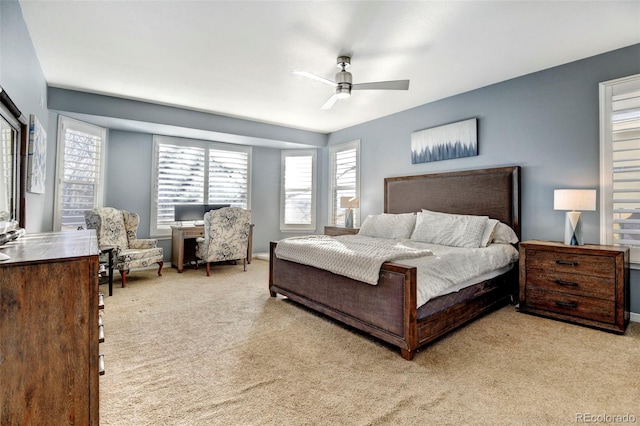 carpeted bedroom with ceiling fan