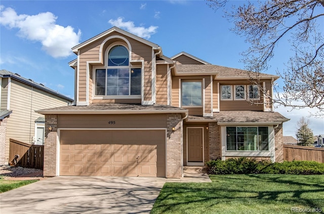 view of front of house featuring an attached garage, brick siding, driveway, and roof with shingles