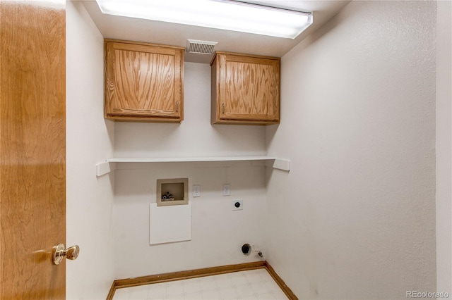washroom with light floors, hookup for a washing machine, electric dryer hookup, cabinet space, and baseboards