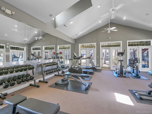 workout area featuring french doors, recessed lighting, visible vents, a ceiling fan, and high vaulted ceiling