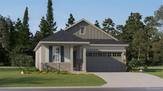 craftsman house featuring a garage and a front lawn