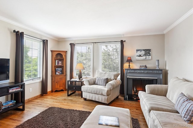 9416 Kemper Dr, Lone Tree, CO 80124 - living area with crown molding, wood finished floors, and a fireplace with flush hearth