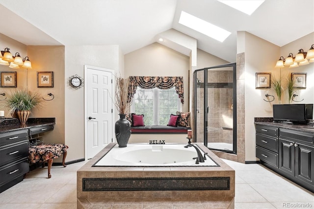 9416 Kemper Dr, Lone Tree, CO 80124 - full bath with a tub with jets, a skylight, lofted ceiling, tile patterned floors, and a stall shower