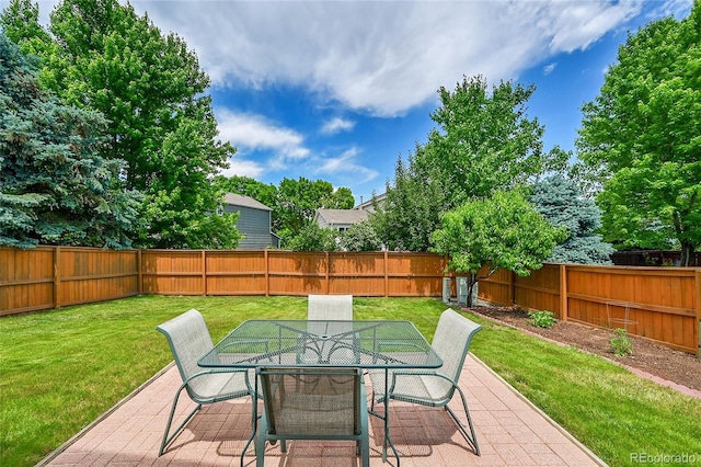 9717 Castle Ridge Cir, Highlands Ranch, CO 80129 - fenced backyard featuring a patio area and outdoor dining space