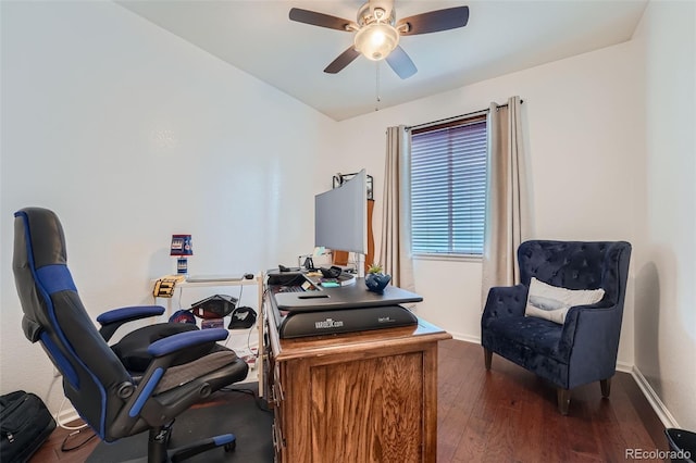 office featuring ceiling fan and dark wood-type flooring