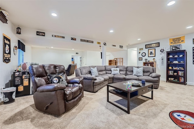 living room with light colored carpet