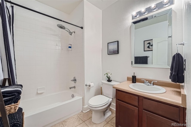 full bathroom with shower / tub combo, tile patterned flooring, vanity, and toilet