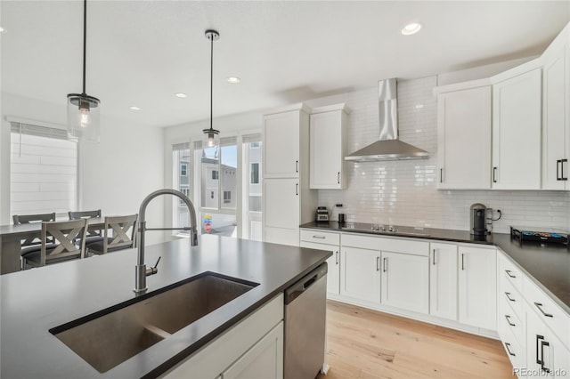 kitchen featuring stainless steel dishwasher, dark countertops, wall chimney range hood, black electric cooktop, and backsplash