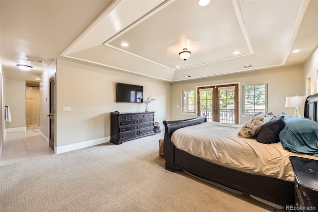 1410 S Elizabeth St, Denver, CO 80210 - bedroom featuring a raised ceiling, french doors, light colored carpet, recessed lighting, and baseboards
