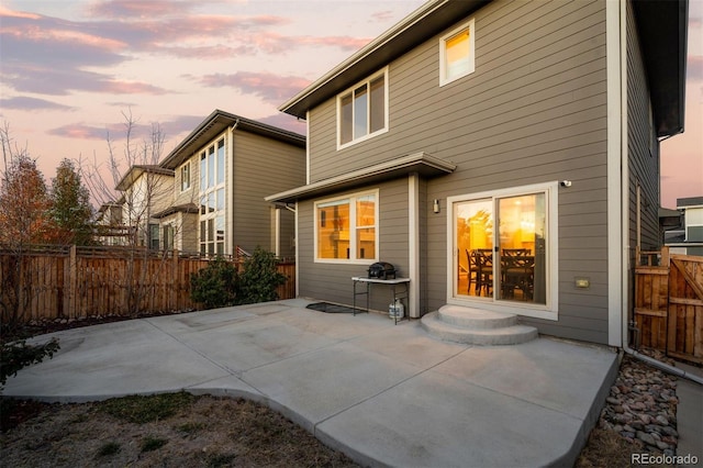 back house at dusk with a patio