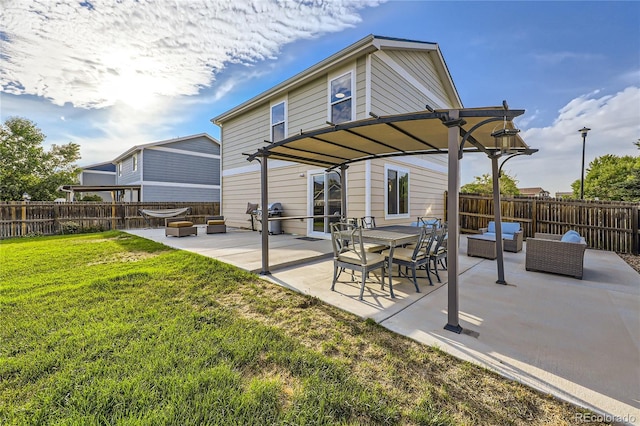 exterior space featuring a patio, an outdoor hangout area, a yard, and a pergola