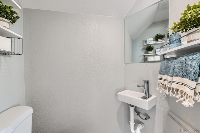 bathroom featuring vaulted ceiling, toilet, and sink