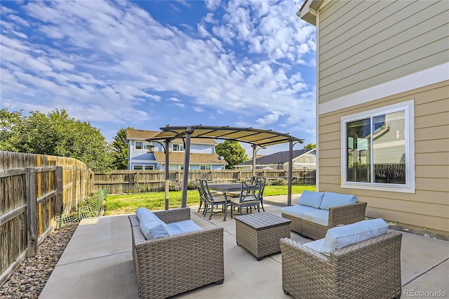 view of patio / terrace featuring an outdoor living space and a pergola