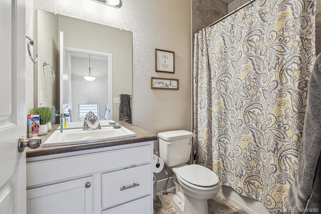 6834 Clay St N, Denver, CO 80221 - full bathroom featuring a textured wall, vanity, and a shower with curtain