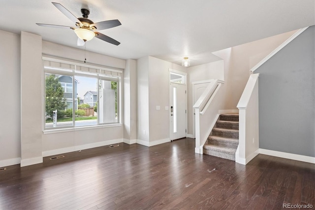 6834 Clay St N, Denver, CO 80221 - entrance foyer with wood finished floors, ceiling fan, and stairs