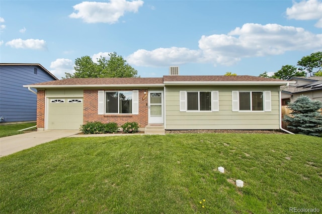 4759 S Xenophon St, Morrison, CO 80465 - ranch-style house featuring driveway, an attached garage, a front lawn, brick siding, and entry steps