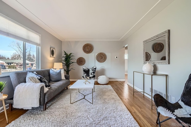 living area with baseboards and wood finished floors