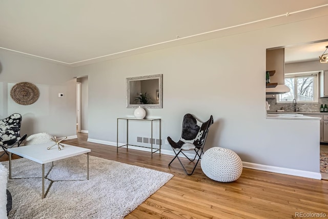 living room featuring light wood-style flooring, baseboards, and visible vents