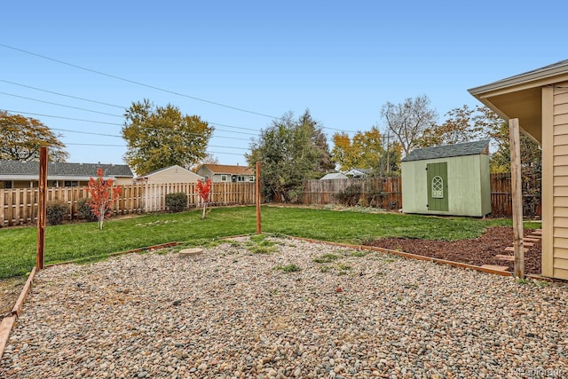 view of yard featuring an outdoor structure, a fenced backyard, and a shed