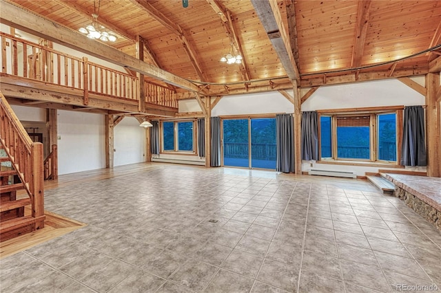 unfurnished living room featuring wood ceiling, a baseboard heating unit, beam ceiling, and light tile patterned floors