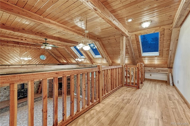 interior space with wood ceiling, light hardwood / wood-style flooring, and vaulted ceiling with skylight