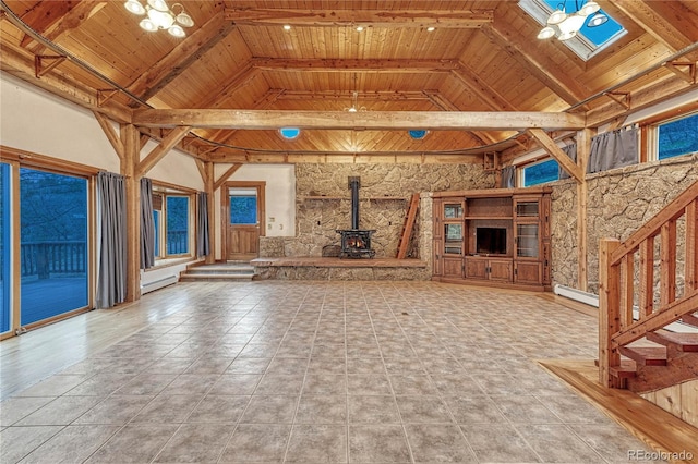 unfurnished living room featuring wood ceiling, a baseboard heating unit, beam ceiling, high vaulted ceiling, and a wood stove