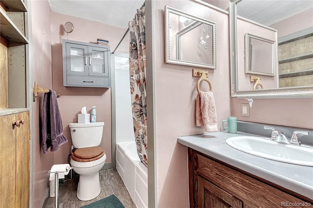 full bathroom with hardwood / wood-style flooring, vanity, shower / bath combination with curtain, and toilet