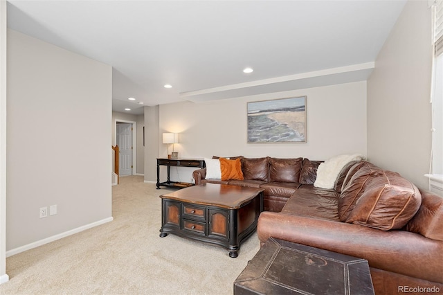 living room with light carpet, recessed lighting, and baseboards