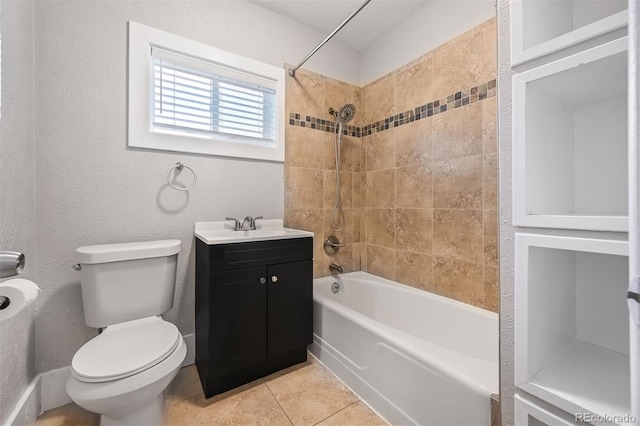 full bath featuring toilet, bathtub / shower combination, vanity, and tile patterned floors