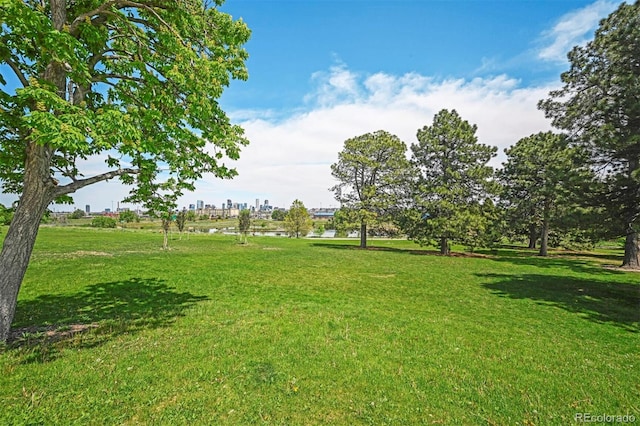 view of green lawn featuring a water view