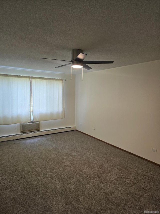 carpeted empty room with ceiling fan, a baseboard radiator, and a textured ceiling