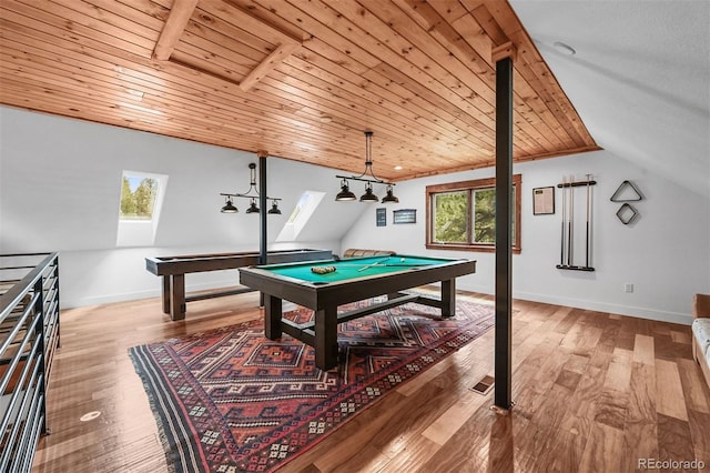 663 Brookside Dr, Bailey, CO 80421 - rec room with billiards table, vaulted ceiling, wood finished floors, and wooden ceiling