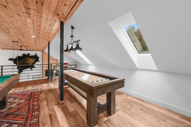 663 Brookside Dr, Bailey, CO 80421 - game room with a skylight, wood finished floors, wooden ceiling, and pool table