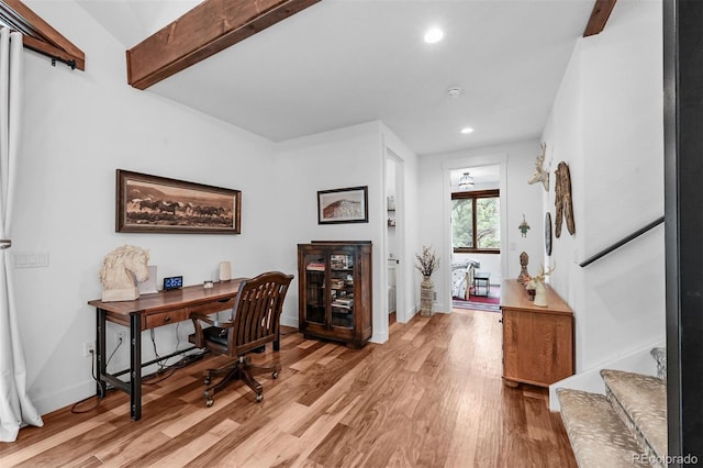 663 Brookside Dr, Bailey, CO 80421 - office area with light wood-type flooring, recessed lighting, and beam ceiling