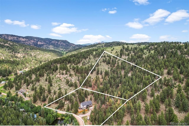 663 Brookside Dr, Bailey, CO 80421 - aerial view of property and surrounding area featuring a heavily wooded area and property boundaries highlighted