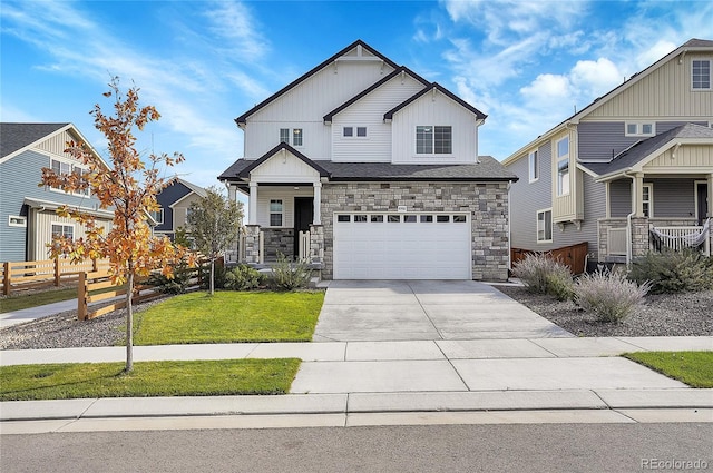 10912 Memphis Ct, Commerce City, CO 80022 - craftsman-style home featuring covered porch, a garage, stone siding, driveway, and board and batten siding