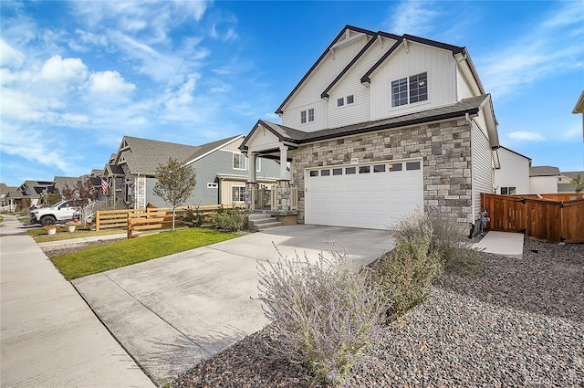 10912 Memphis Ct, Commerce City, CO 80022 - view of front of house with board and batten siding, concrete driveway, an attached garage, a residential view, and stone siding