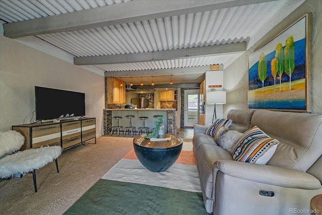 living room with carpet and beam ceiling