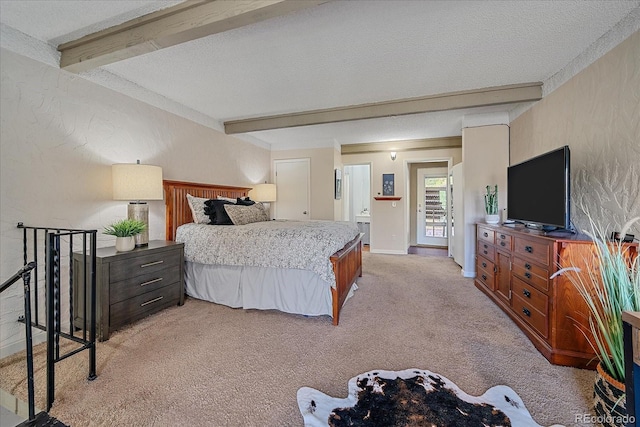 bedroom featuring light colored carpet, a textured ceiling, and beamed ceiling