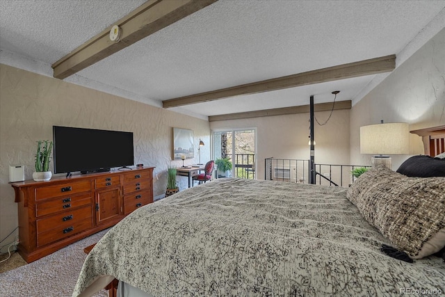 bedroom with access to outside, a textured ceiling, beam ceiling, and carpet