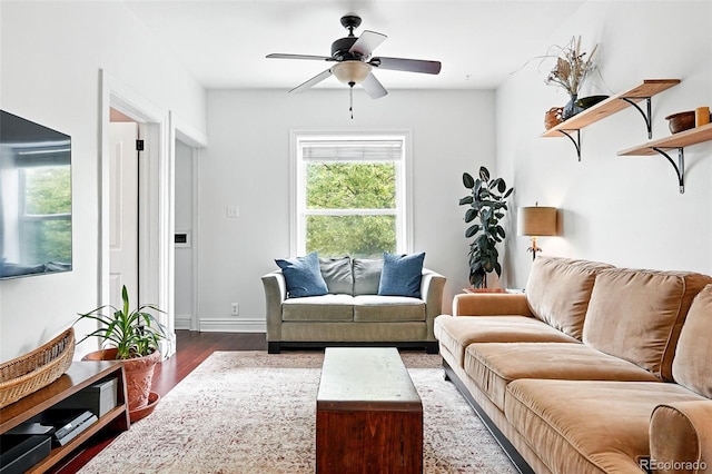 1331 Osceola St, Denver, CO 80204 - living room with wood finished floors, a ceiling fan, and baseboards