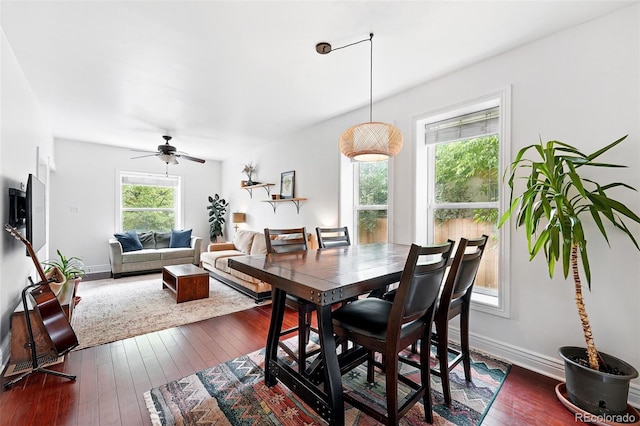 1331 Osceola St, Denver, CO 80204 - dining area with dark wood finished floors, ceiling fan, and baseboards