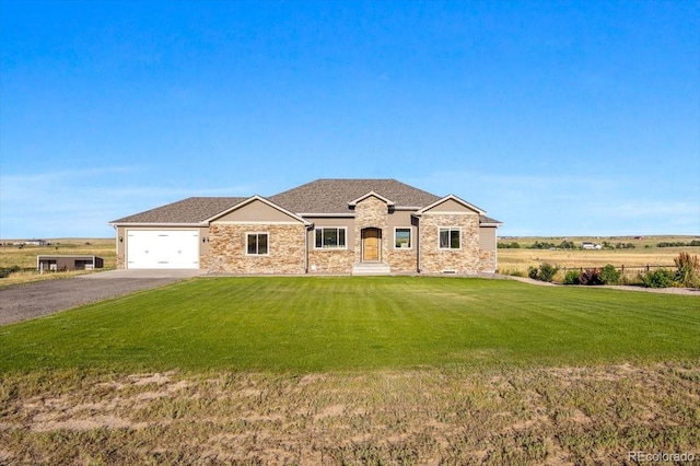 45425 Wolf Creek Dr, Bennett, CO 80102 - view of front facade with a garage, gravel driveway, a front lawn, and stone siding