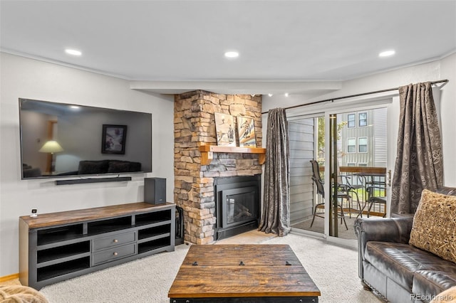 4400 Lodgepole Cir Unit 101, Silverthorne, CO 80498 - living area featuring carpet floors, a fireplace, and recessed lighting