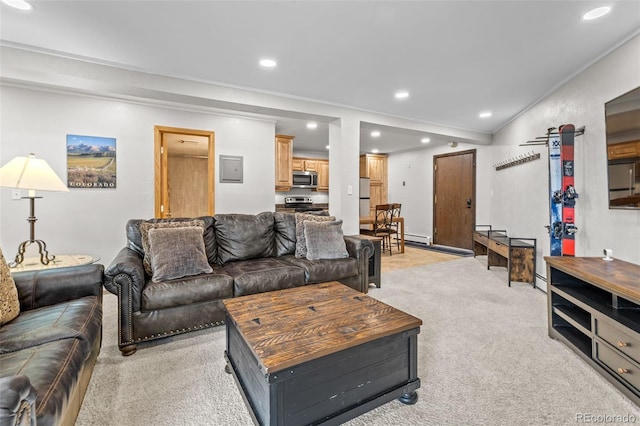 4400 Lodgepole Cir Unit 101, Silverthorne, CO 80498 - living area with light carpet, crown molding, recessed lighting, a baseboard heating unit, and vaulted ceiling