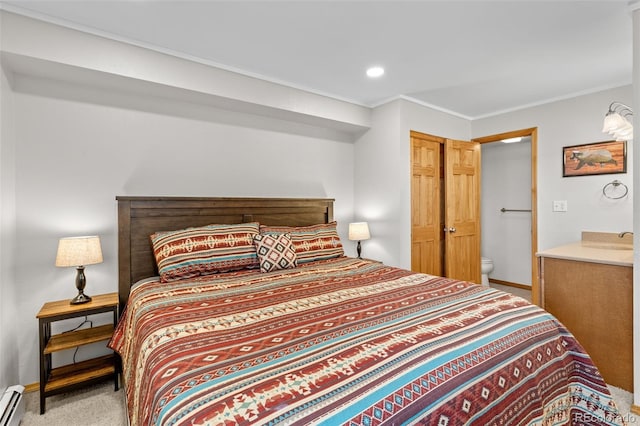 4400 Lodgepole Cir Unit 101, Silverthorne, CO 80498 - bedroom with carpet flooring, baseboards, baseboard heating, recessed lighting, and crown molding