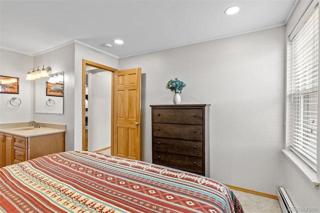 4400 Lodgepole Cir Unit 101, Silverthorne, CO 80498 - bedroom featuring baseboard heating, light colored carpet, baseboards, recessed lighting, and a sink