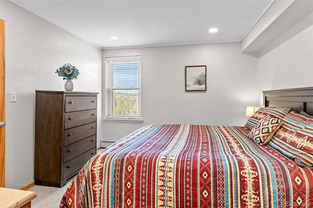 4400 Lodgepole Cir Unit 101, Silverthorne, CO 80498 - carpeted bedroom featuring a baseboard radiator, recessed lighting, and crown molding