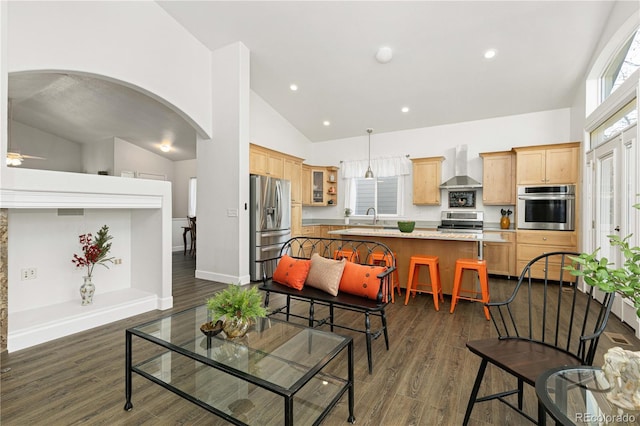 living room featuring ceiling fan, dark hardwood / wood-style flooring, high vaulted ceiling, and sink